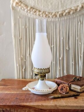 Vintage Milk Glass Hurricane Lamp • Floral Rose Detail • Handled Finger Lamp